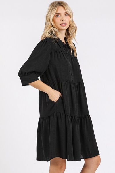 Mittoshop Hemd-Kleid mit Stufenrock, Hemdkragen und Knopf-Detail