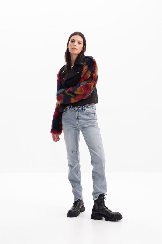 Detachable fur-effect biker jacket