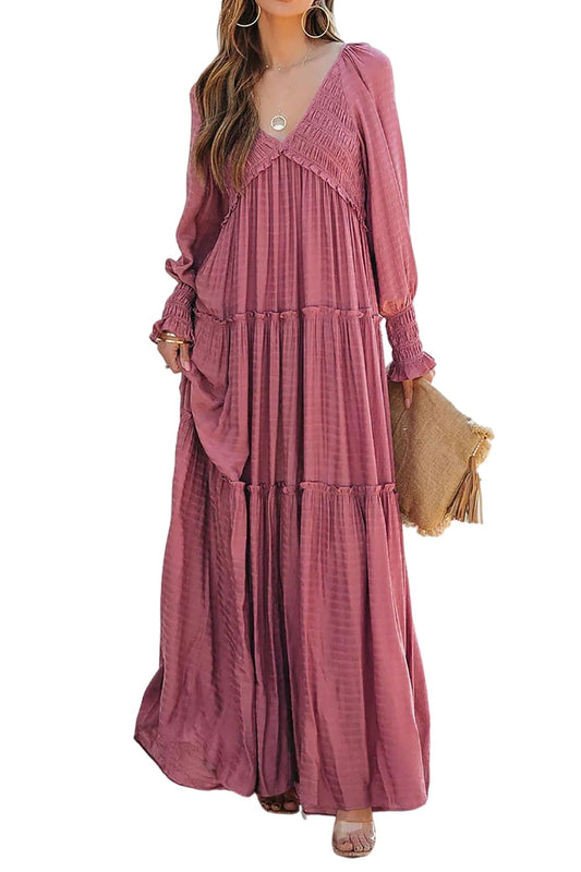 Damen Langarm V-Ausschnitt Boho Maxikleider im Flowy-Stil (2 kaufen, kostenloser Versand)