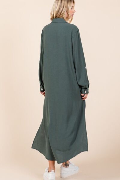 Mittoshop Airflow V-Ausschnitt Langarm durchgeknöpftes Maxikleid