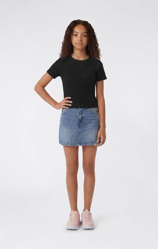 Mädchen Geripptes Stretch-T-Shirt mit Rundhalsausschnitt und Stickereien