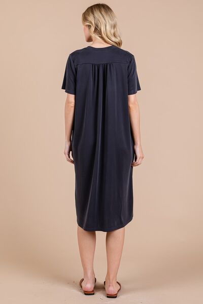 Ces Femme Side Slit Short Sleeve Midi Dress with Pockets