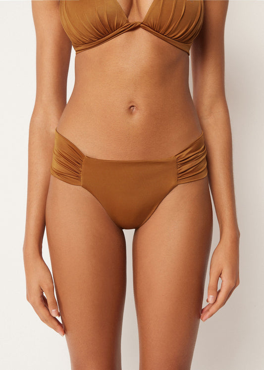 Ruched Brazilian Bikini Bottoms Shiny Satin