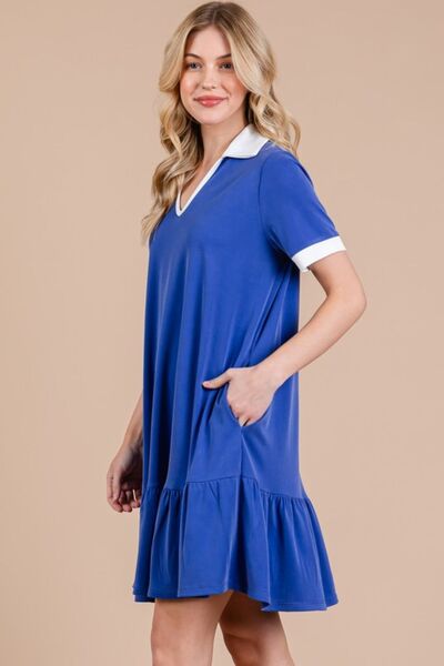 Ces Femme Kleid mit Johnny-Kragen, Rüschensaum und kurzen Ärmeln