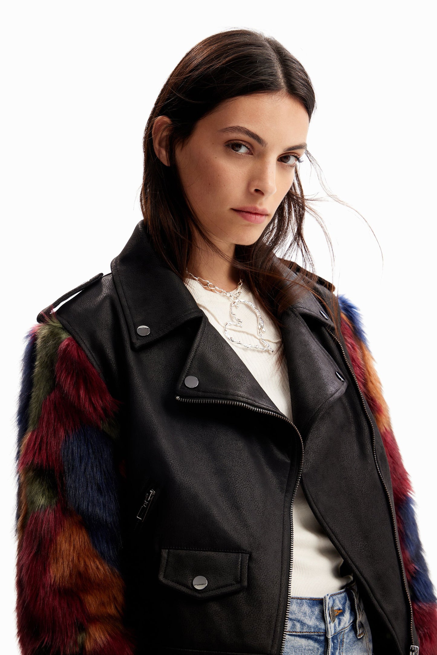 Detachable fur-effect biker jacket
