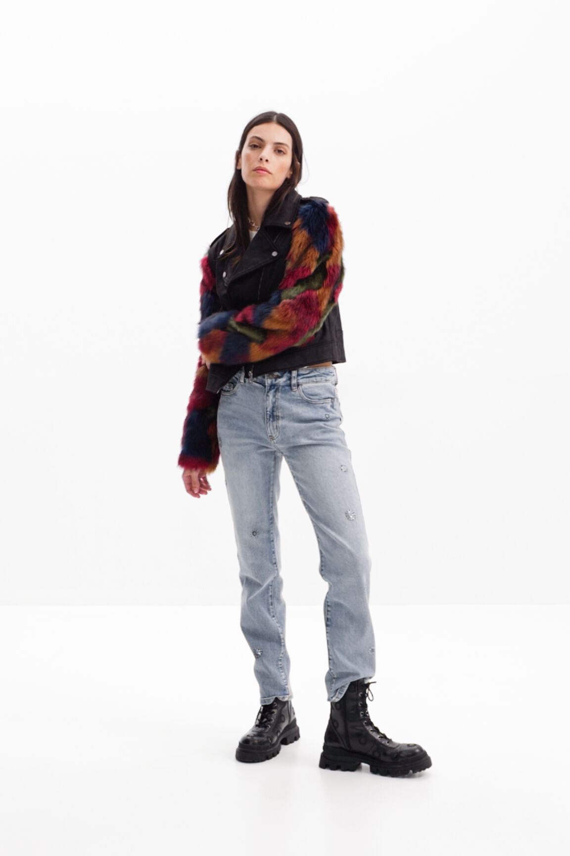 Detachable fur-effect biker jacket