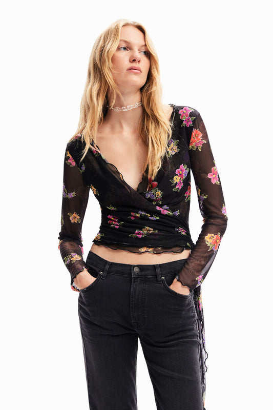 Wrap floral tulle blouse
