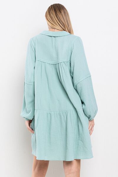 Ces Femme Johnny Collar Ballonärmel Minikleid