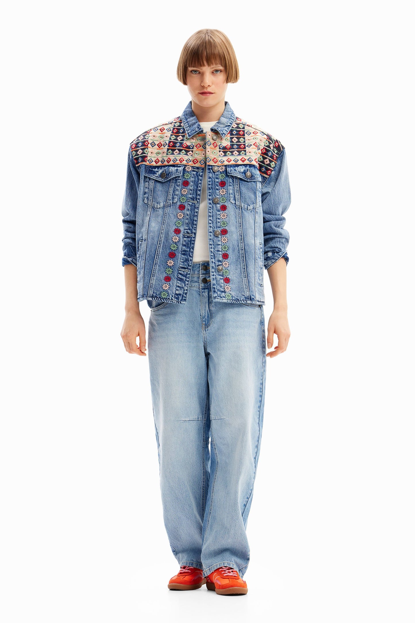 Embroidered denim trucker jacket
