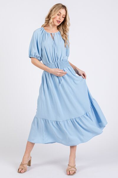 Ces Femme Gesmoktes Kleid mit elastischem Bund, Bindekragen und Puffärmeln