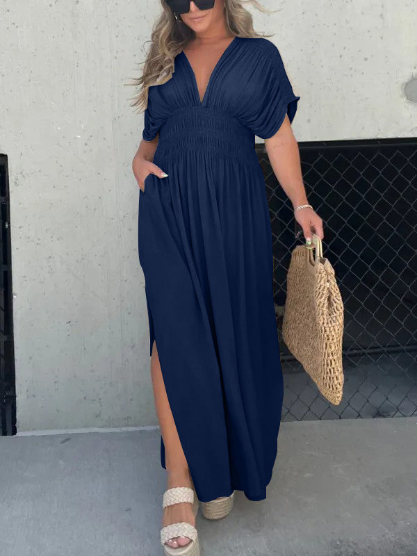 Neues, leichtes Maxikleid mit Schlitz und V-Ausschnitt (2 kaufen, kostenloser Versand)