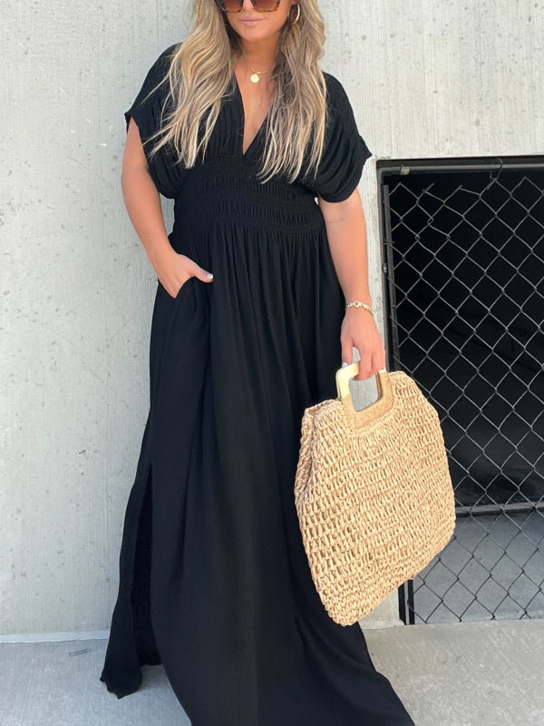 Neues, leichtes Maxikleid mit Schlitz und V-Ausschnitt (2 kaufen, kostenloser Versand)