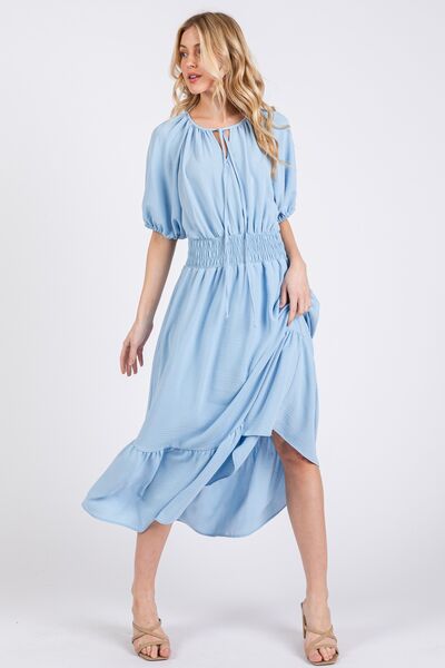 Ces Femme Gesmoktes Kleid mit elastischem Bund, Bindekragen und Puffärmeln