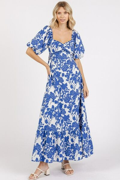 Mittoshop Kleid mit Blumenmuster, Cutout am Rücken, Herzausschnitt und Puffärmeln