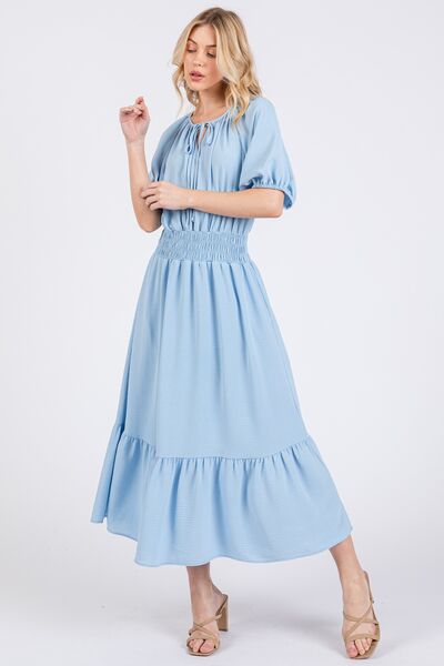 Ces Femme Gesmoktes Kleid mit elastischem Bund, Bindekragen und Puffärmeln