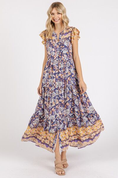 Mittoshop Geblümtes Rüschen-Maxikleid mit gekerbtem Kappenärmel