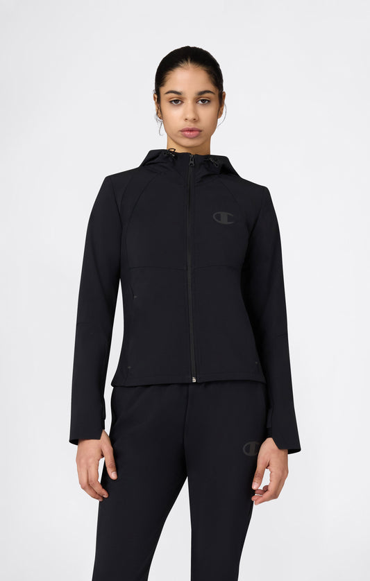 Damen Kapuzen-Stretch-Trainingsjacke aus Nylon, schmal geschnitten