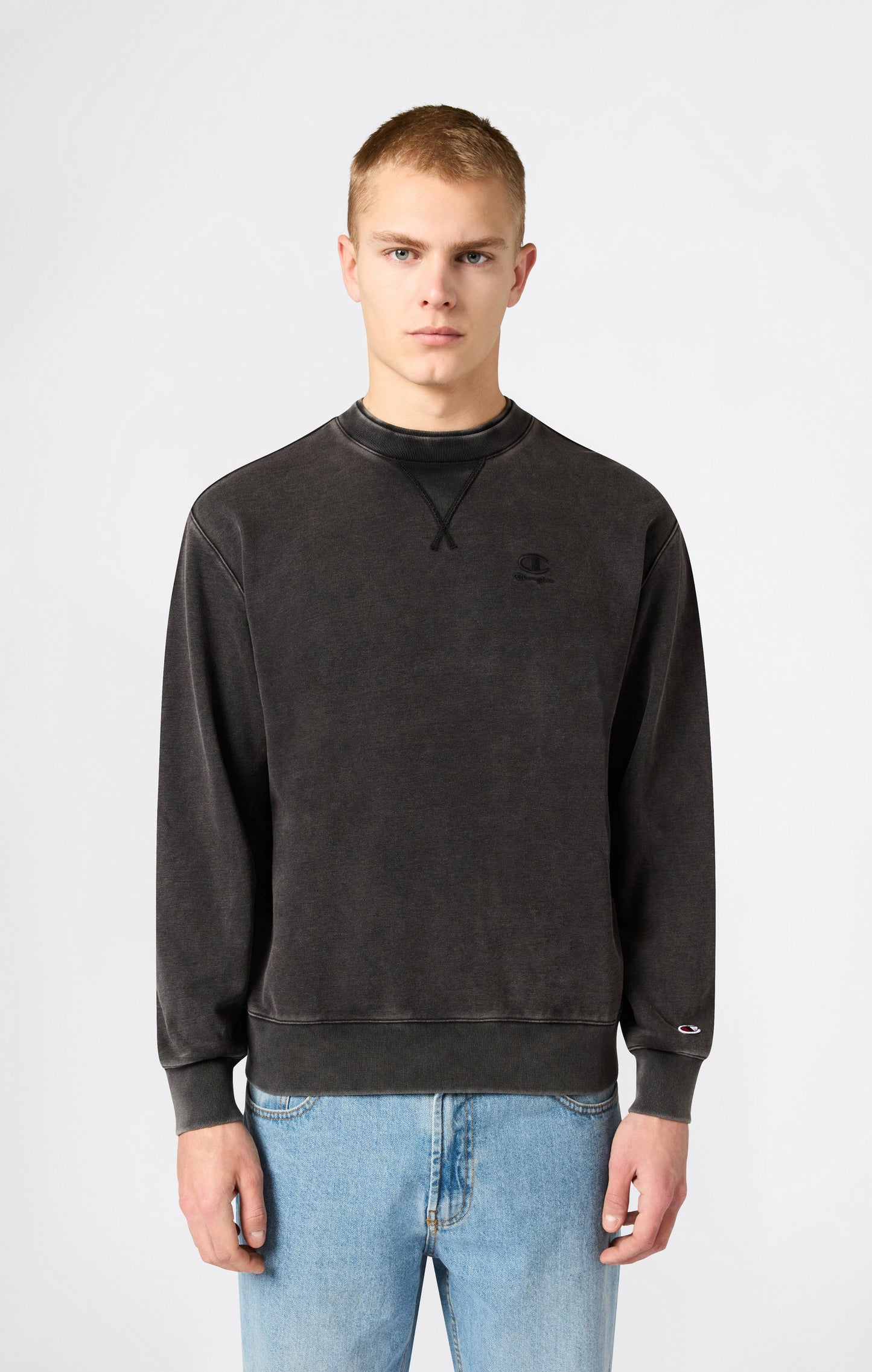 Herren-Sweatshirt mit Rundhalsausschnitt, gesticktem Logo und Icons mit Washed-Effekt