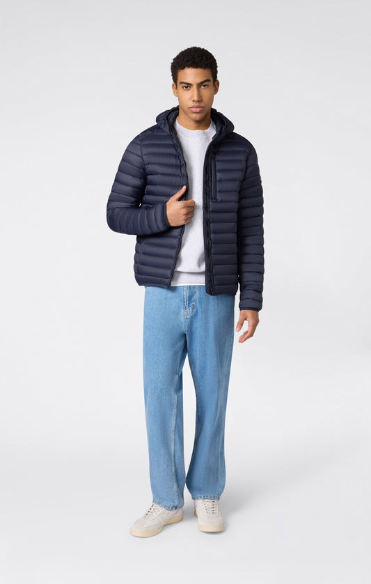 Leichte wattierte Herrenjacke mit Kapuze und durchgehendem Reißverschluss