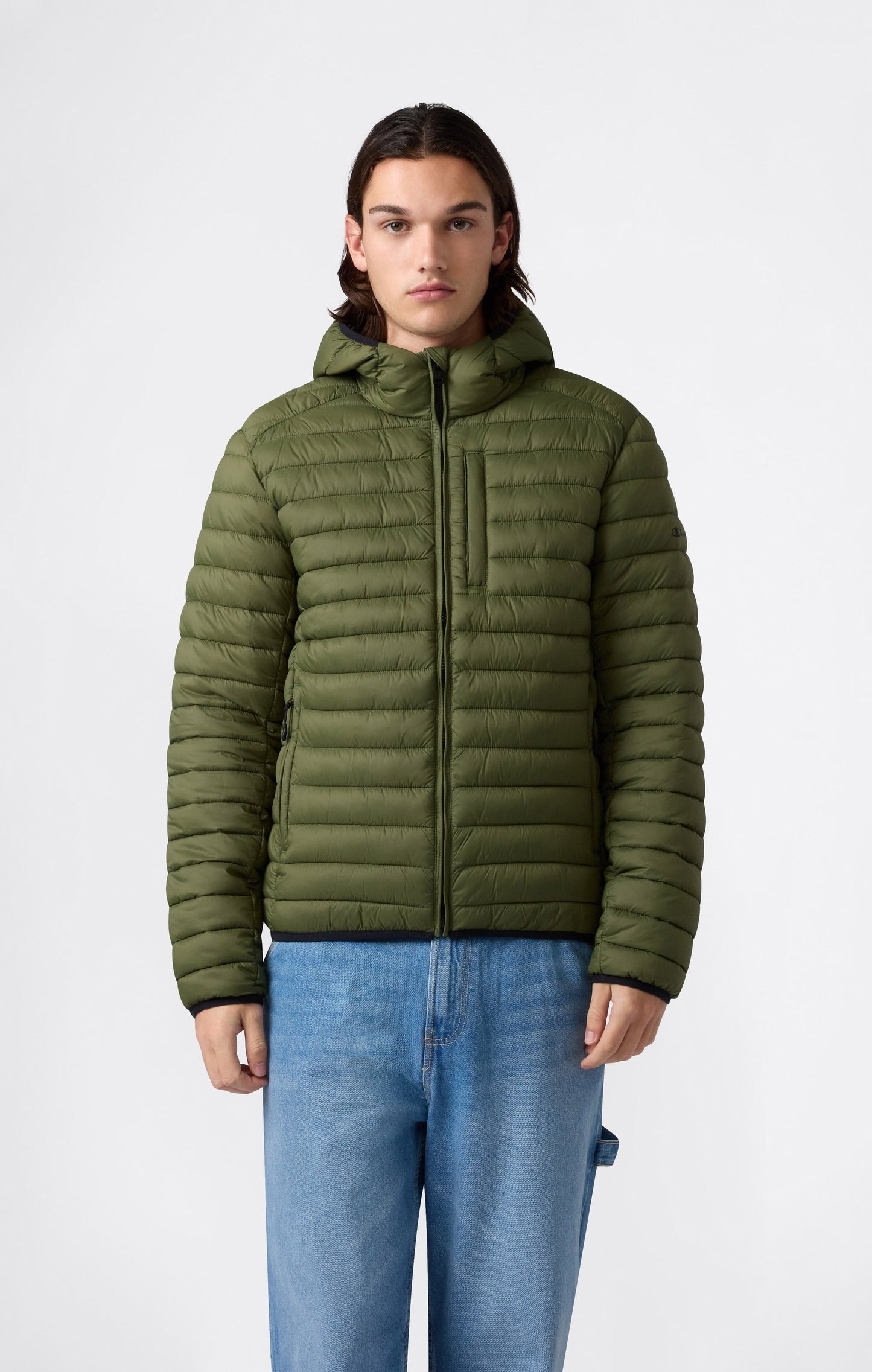 Leichte wattierte Herrenjacke mit Kapuze und durchgehendem Reißverschluss