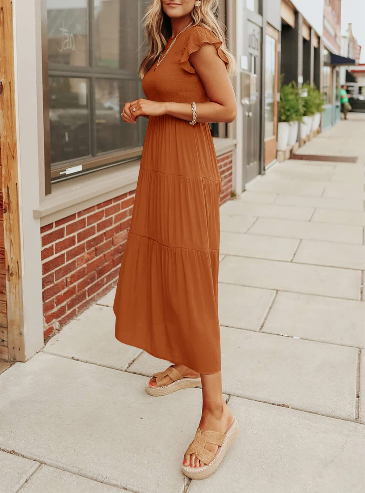 Damen Sommer Freizeit Rüschenärmel Midikleid
