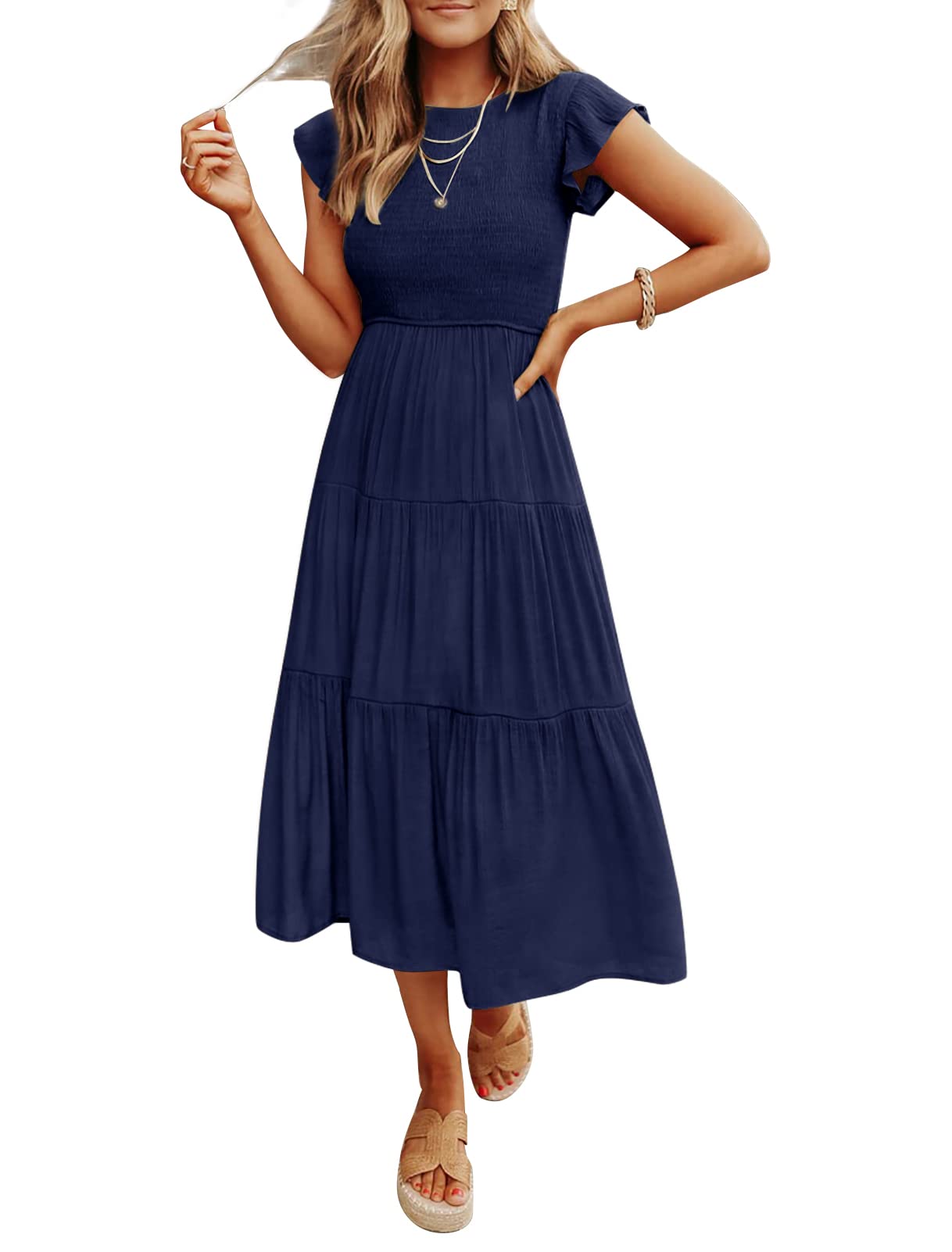 Damen Sommer Freizeit Rüschenärmel Midikleid