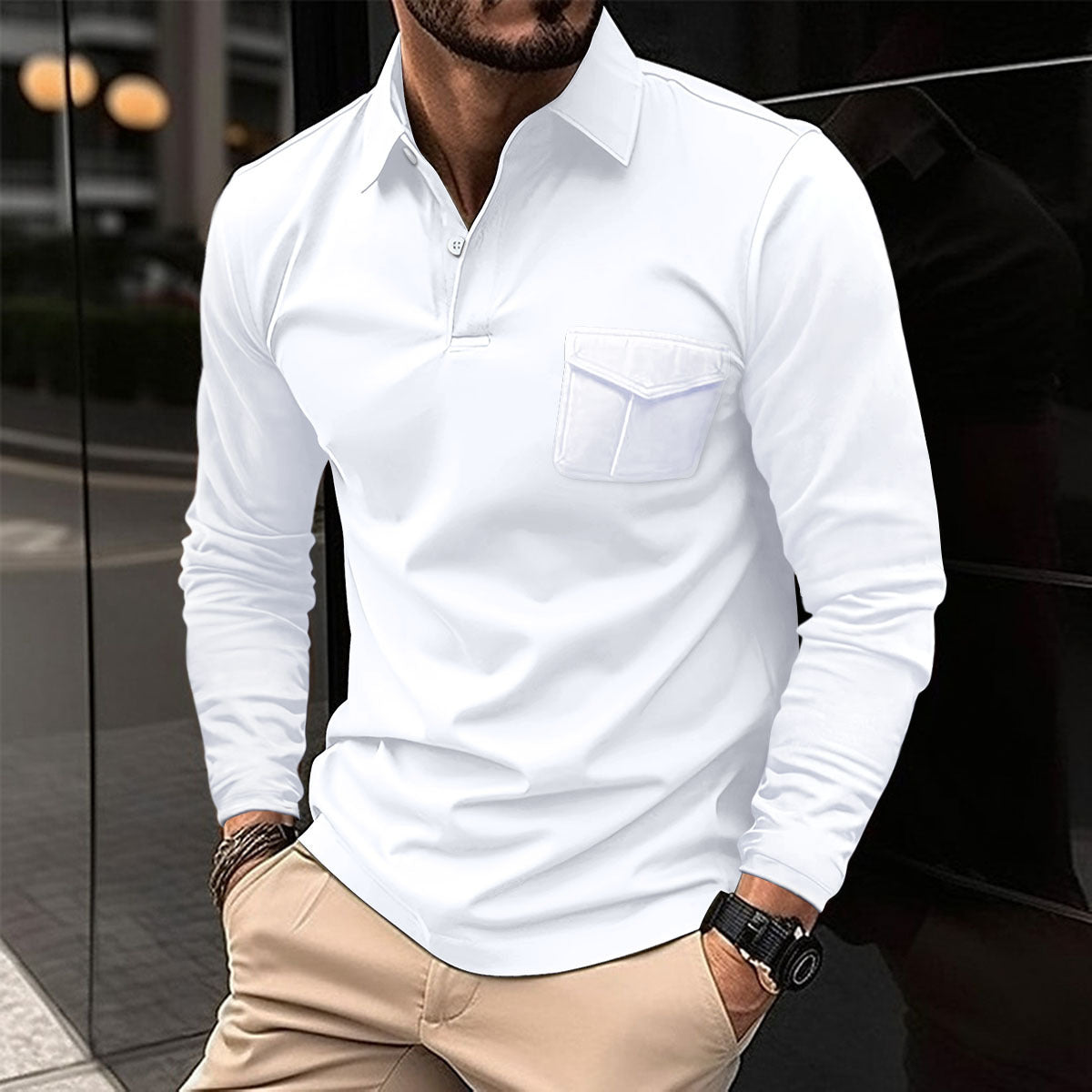 Herren Freizeit Revers Poloshirt Langarm