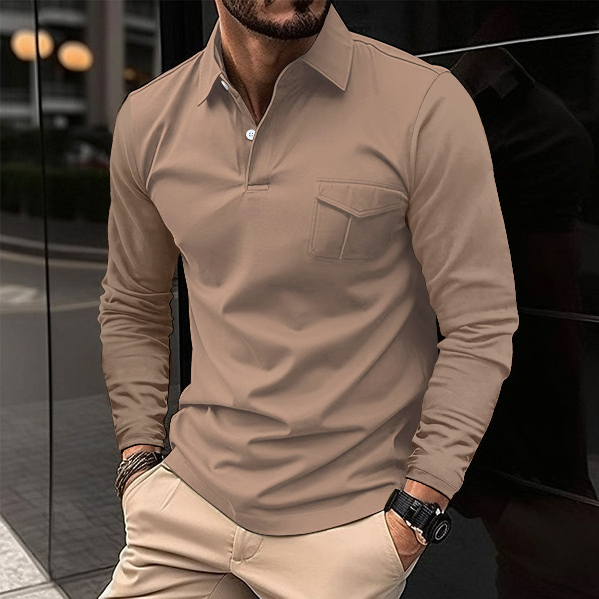 Herren Freizeit Revers Poloshirt Langarm