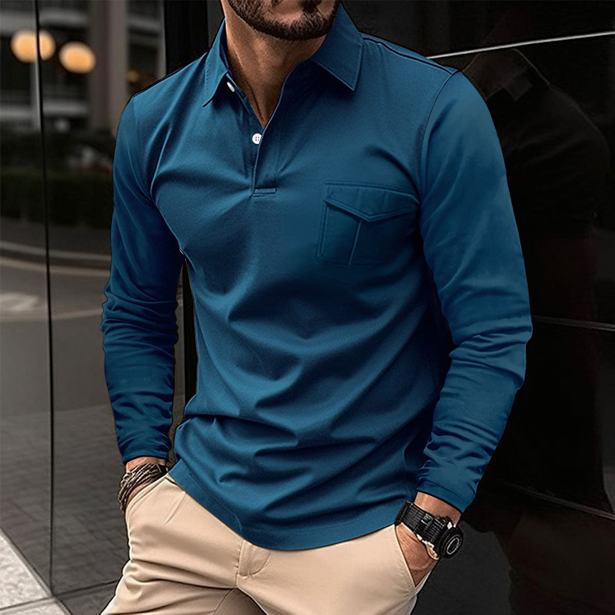 Herren Freizeit Revers Poloshirt Langarm