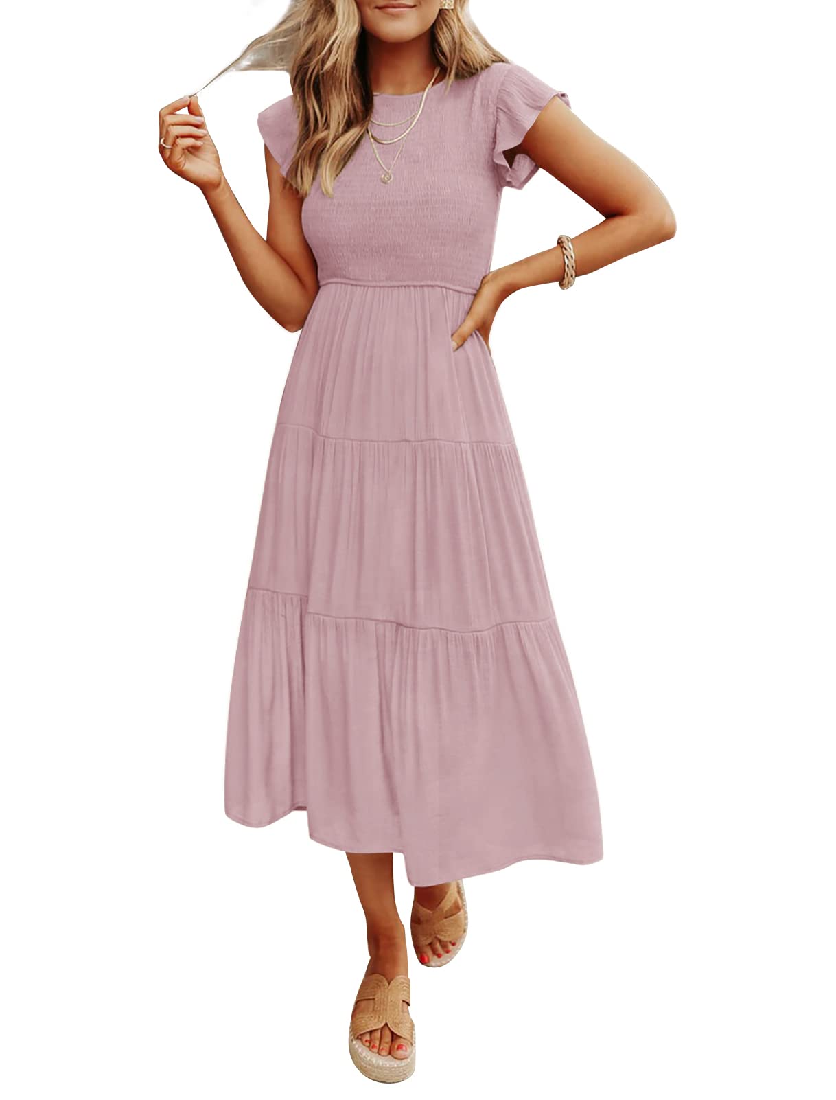 Damen Sommer Freizeit Rüschenärmel Midikleid