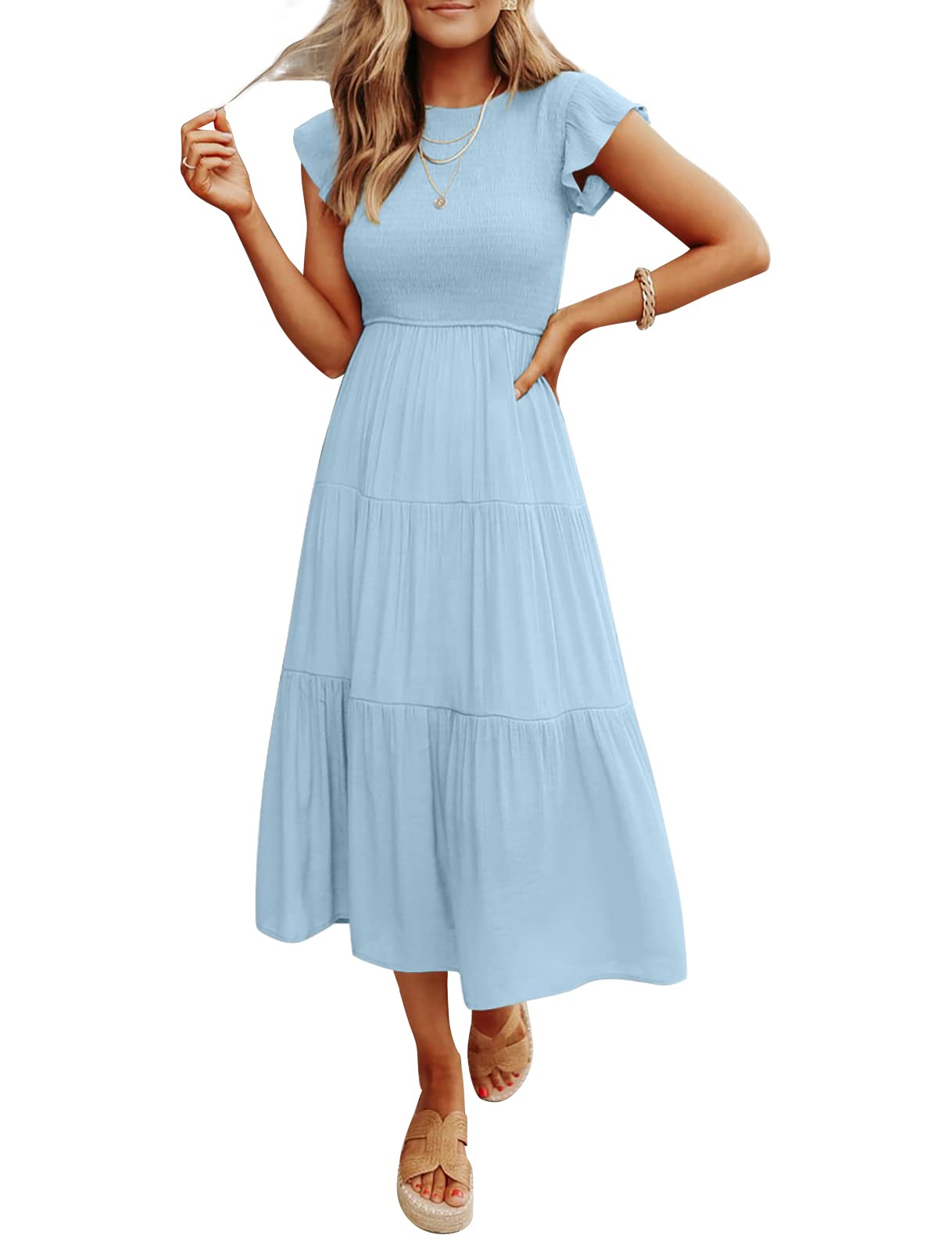 Damen Sommer Freizeit Rüschenärmel Midikleid