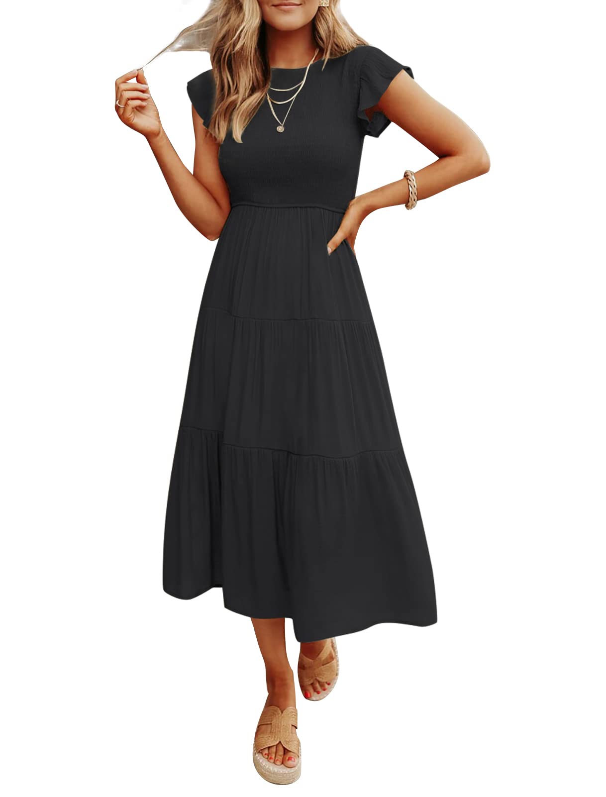 Damen Sommer Freizeit Rüschenärmel Midikleid