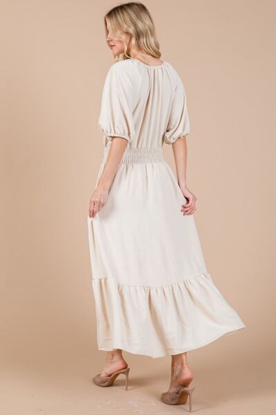 Ces Femme Gesmoktes Kleid mit elastischem Bund, Bindekragen und Puffärmeln