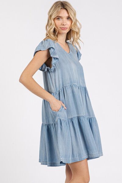 Mittoshop V-Ausschnitt Rüschen-Minikleid mit kurzen Ärmeln