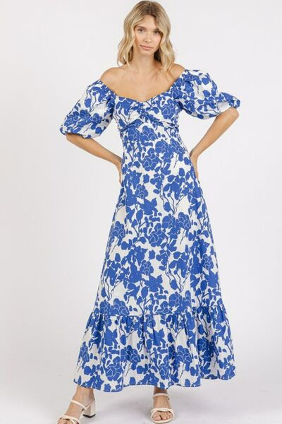 Mittoshop Kleid mit Blumenmuster, Cutout am Rücken, Herzausschnitt und Puffärmeln