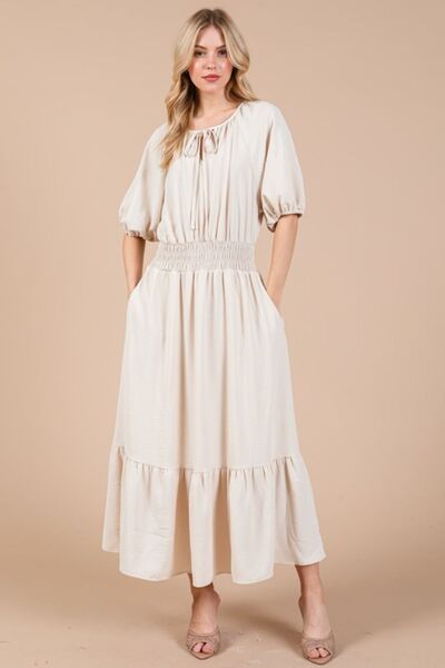 Ces Femme Gesmoktes Kleid mit elastischem Bund, Bindekragen und Puffärmeln