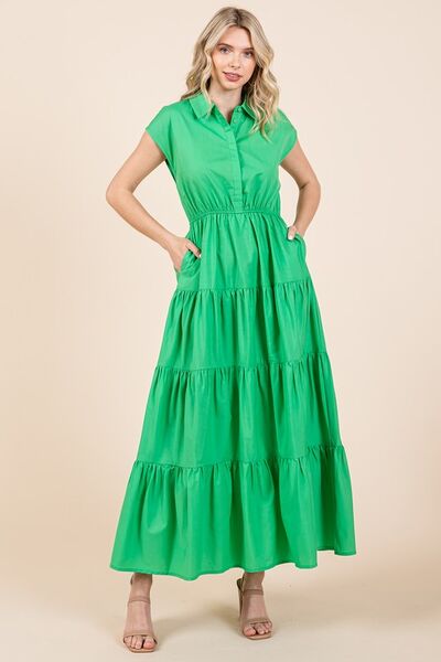 Mittoshop Button-Up Hemdkleid mit Kragen und Stufenrock in Maxilänge