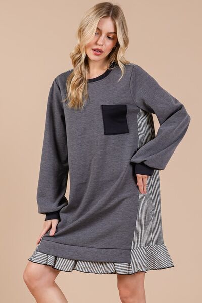 Ces Femme Gestreiftes Patchwork Rundhals-Sweatshirtkleid aus Frottee