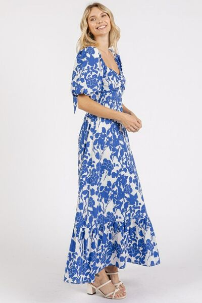 Mittoshop Kleid mit Blumenmuster, Cutout am Rücken, Herzausschnitt und Puffärmeln