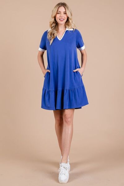 Ces Femme Kleid mit Johnny-Kragen, Rüschensaum und kurzen Ärmeln