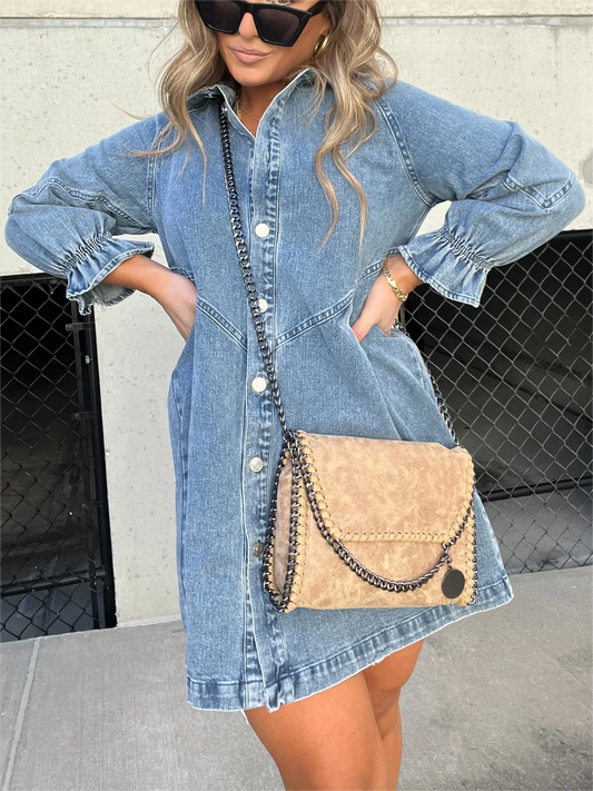 Neues Washed-Denim-Kleid mit Puffärmeln (2 kaufen, kostenloser Versand)