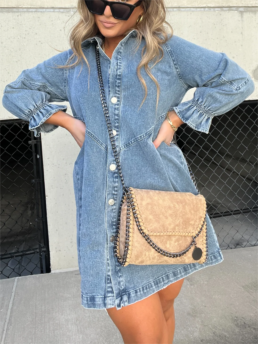 Jeanskleid mit Puffärmeln und Knöpfen (2 kaufen, kostenloser Versand)