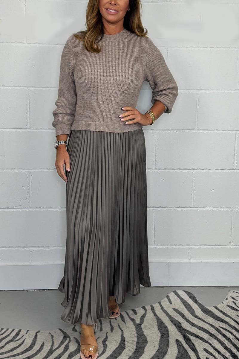 Damen stilvolles und elegantes Plisseekleid mit Rundhalsausschnitt