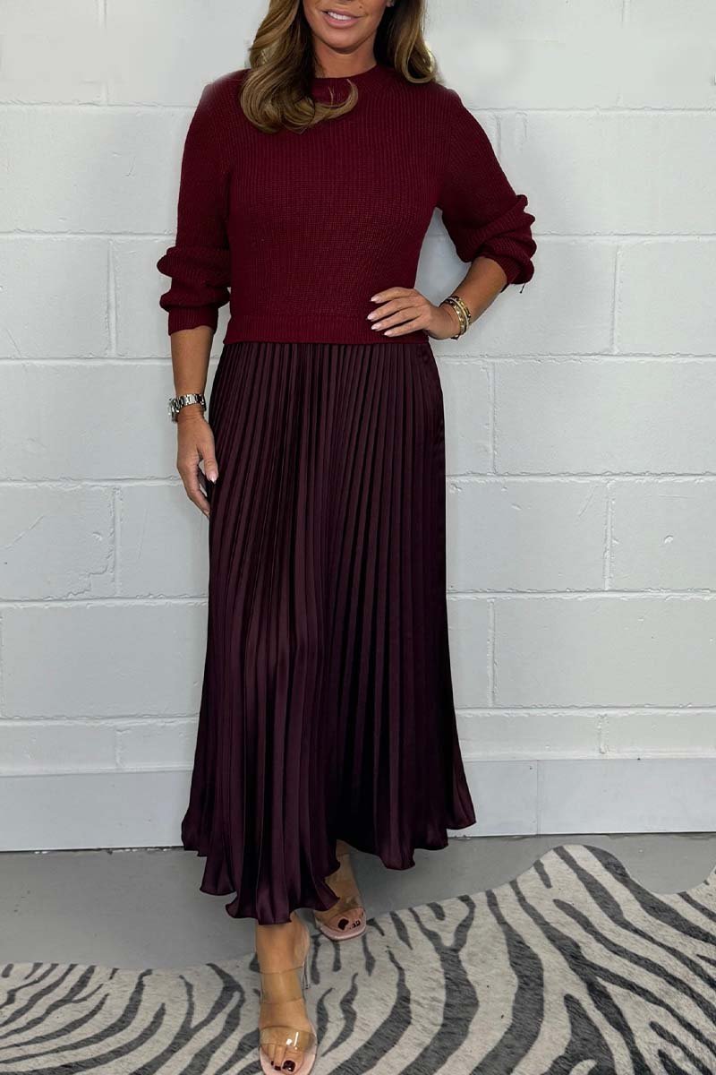 Damen stilvolles und elegantes Plisseekleid mit Rundhalsausschnitt