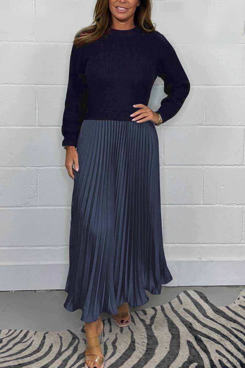 Damen stilvolles und elegantes Plisseekleid mit Rundhalsausschnitt