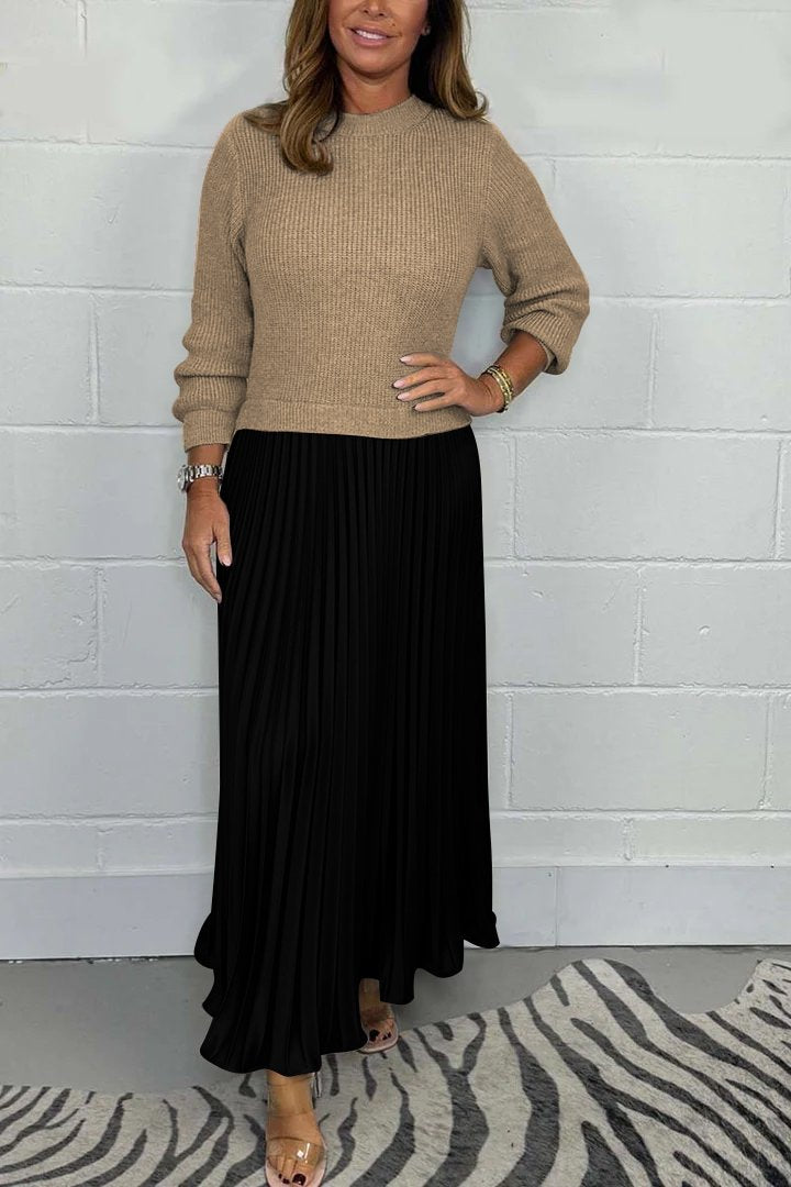Damen stilvolles und elegantes Plisseekleid mit Rundhalsausschnitt
