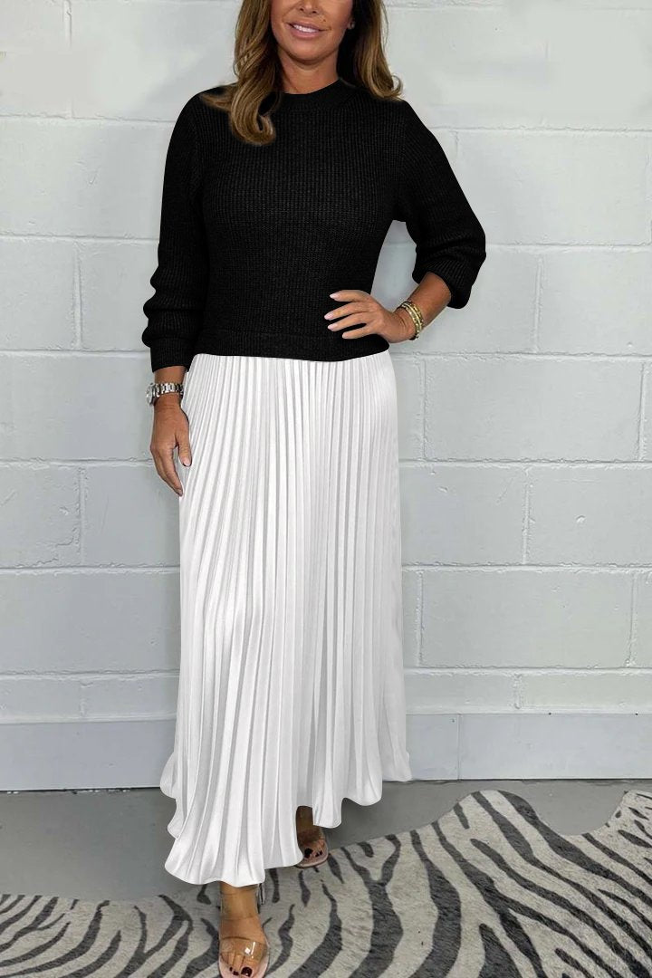 Damen stilvolles und elegantes Plisseekleid mit Rundhalsausschnitt