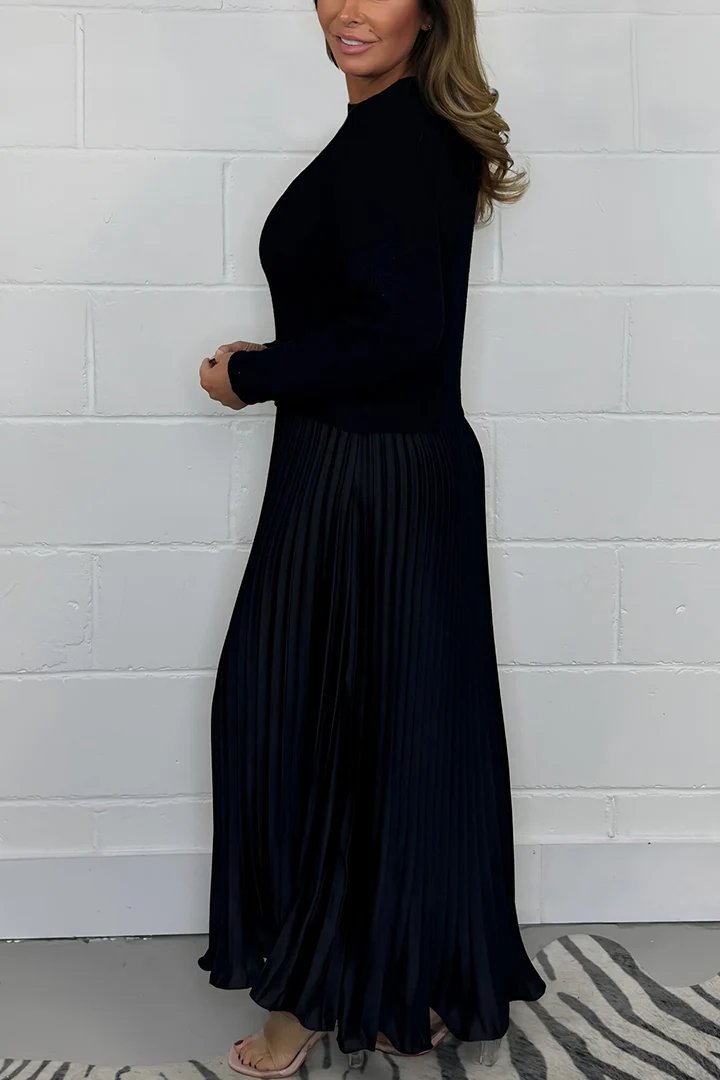 Damen stilvolles und elegantes Plisseekleid mit Rundhalsausschnitt